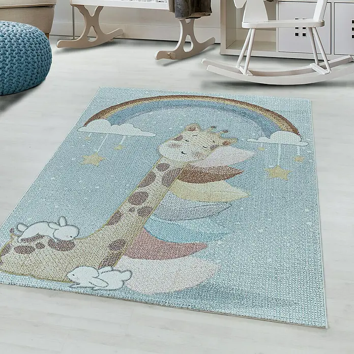 Kinderteppich Lucky 3612Blau, 200 x 140 cm, 100 % Polypropylen - Kinderteppich mit Giraffen- und Hasenmotiv unter einem Regenbogen. Ideal für ein liebevoll gestaltetes Kinderzimmer.