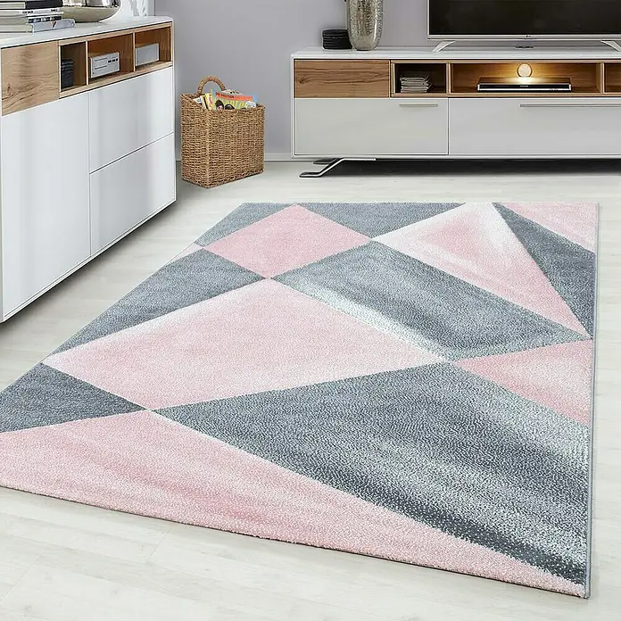 Kurzflorteppich Beta 1130Pink, 230 x 160 cm, 100 % Polypropylen - Ein moderner Teppich mit geometrischem Design in Rosa und Grau, der jedem Raum einen Hauch von Eleganz verleiht und für Gemütlichkeit sorgt.