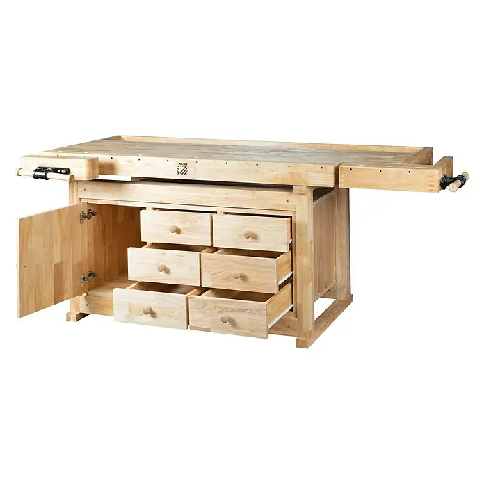Holzmann Hobelbank WB210C - L x B: 2.100 x 780 mm, Arbeitshöhe: 815 mm, Holz - Produktansicht einer Werkbank aus Holz mit Schubladen und Schraubstock.