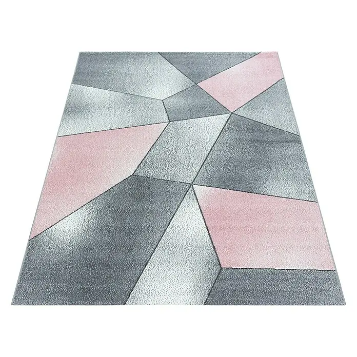 Kurzflorteppich Beta 1120 - Pink, 230 x 160 cm, 100% Polypropylen - Dieser Teppich hat ein modernes geometrisches Design in Rosa-, Grau- und Weißtönen, perfekt für eine stilvolle Raumgestaltung.