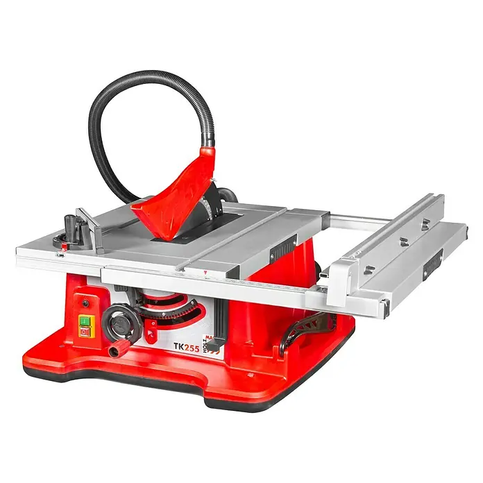 Holzmann Tischkreissäge TK255 - 1.800 W, Durchmesser Sägeblatt: 254 mm, Schnitttiefe bei 90 °: 80 mm - Das Bild zeigt eine TK255 Tischkreissäge in Rot und Silber. Die Säge verfügt über eine Absaugvorrichtung und einen verstellbaren Anschlag.