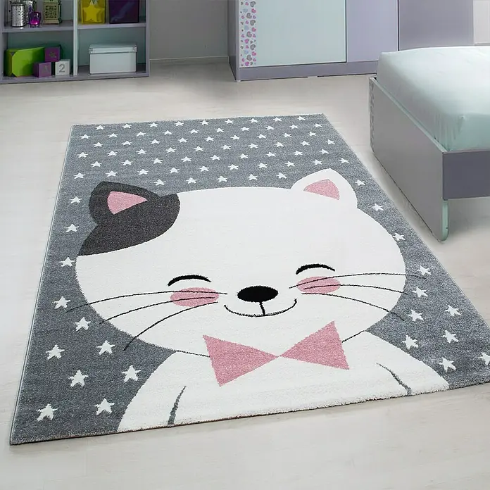 Kinderteppich Kids 0550 - Pink, 230 x 160 cm, 100% Polypropylen - Grauer Teppich mit einem entzückenden Katzenmotiv, das mit Sternen verziert ist, perfekt für jedes Kinderzimmer.