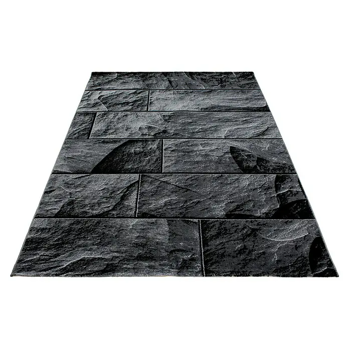 Kurzflorteppich Parma 9250 - Schwarz, 300 x 80 cm, 100% Polypropylen - Nahtlose, dunkle Steinmauer-Tapete, die ein realistisches Erscheinungsbild mit ihren Texturen und Farbtönen bietet. Ideal für Akzentwände.