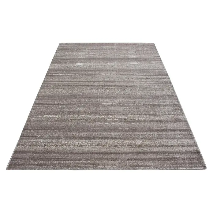 Kurzflorteppich Plus 8000 - Beige, 170 x 120 cm, 100% Polypropylen - Ein detailreiches Bild eines rechteckigen Teppichs mit horizontalen Streifen in verschiedenen Grautönen, ideal für moderne Wohnräume.