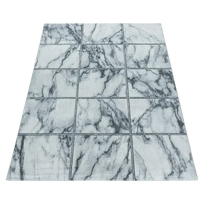 Kurzflorteppich Naxos 3816 - Silber, 200 x 140 cm, 80% Polypropylen, 20% Polyester - Ein rechteckiger Teppich mit einem Marmormuster, das in Quadrate unterteilt ist, ideal für moderne Wohnräume.