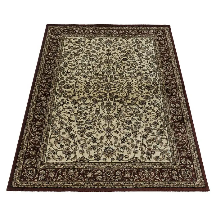 Kurzflorteppich Kashmir 2604Cream, 150 x 80 cm, 100% Polypropylen - Ein rechteckiger Teppich mit einem cremefarbenen Hintergrund und einem verzierten dunkelbraunen Blumenmuster.
