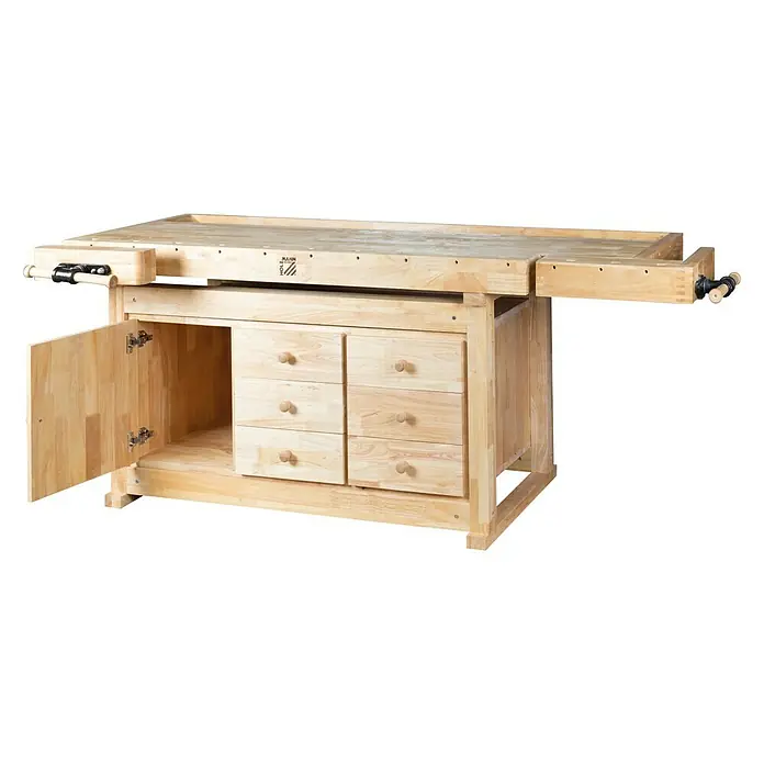 Holzmann Hobelbank WB210C - L x B: 2.100 x 780 mm, Arbeitshöhe: 815 mm, Holz - Werkbank aus hellem Holz mit Schubladen und einer offenen Tür zur Aufbewahrung von Werkzeugen und Materialien.
