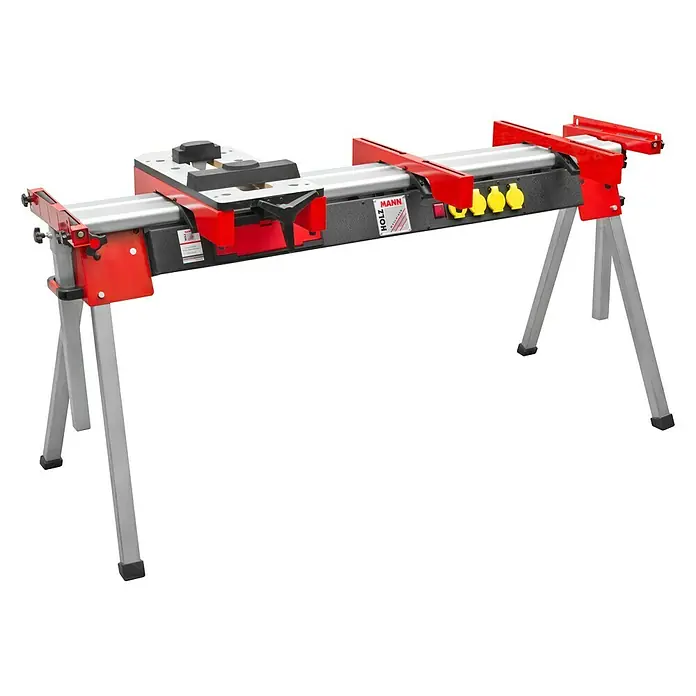 Holzmann Untergestell USK2760 - Passend für: Holzmann Tischkreissäge TK255_230V - Abbildung eines Holzmann Maschinen Universalmaschinenständer USM2000 mit grauem Metallgestell und roten Akzenten.