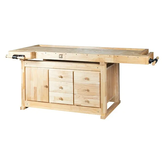 Holzmann Hobelbank WB210C - L x B: 2.100 x 780 mm, Arbeitshöhe: 815 mm, Holz - Holzmann WB1500 Werkbank aus Holz mit Schubladen und Schraubstock für die Werkstatt.