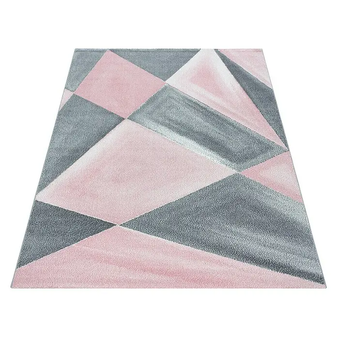 Kurzflorteppich Beta 1130Pink, 230 x 160 cm, 100 % Polypropylen - Ein rechteckiger Teppich mit einem geometrischen Muster aus rosa und grauen Dreiecken, der einen modernen Look verleiht.
