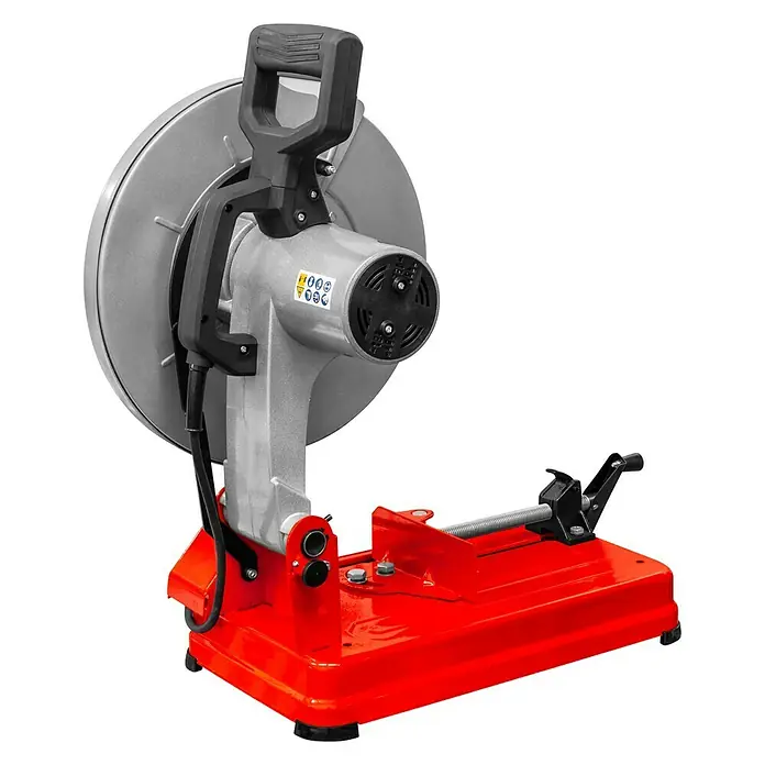 Holzmann Handkreissäge MKS355 ECO - Durchmesser Sägeblatt: 355 mm - Eine rote Metallsäge mit einem silbernen Sägeblatt und einem schwarzen Griff, die auf einem schwarzen Hintergrund steht.