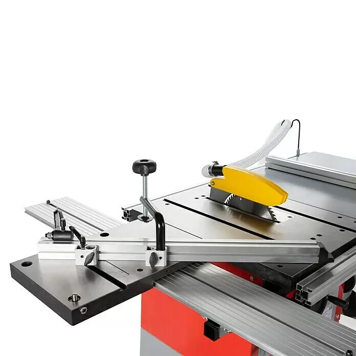 Holzmann Tischkreissäge TS200 - 1.500 W, Durchmesser Sägeblatt: 200 mm, Schnitttiefe bei 90 °: 60 mm - Nahaufnahme einer Tischkreissäge mit gelbem Sägeblattschutz, Queranschlag und Aluminium-Führungsschienen, die Präzisionsschneidefunktionen hervorhebt.