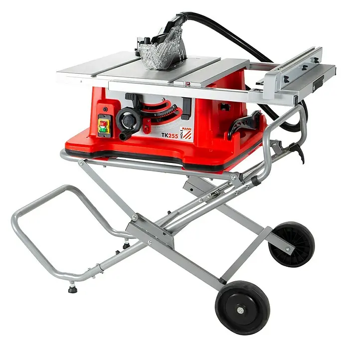 Holzmann Untergestell TK255MS - Passend für: Holzmann Tischkreissäge TK255_230V - Abbildung einer tragbaren Mann-Holz-Tischkreissäge TK 255 mit klappbarem Untergestell und Rädern für einfachen Transport.