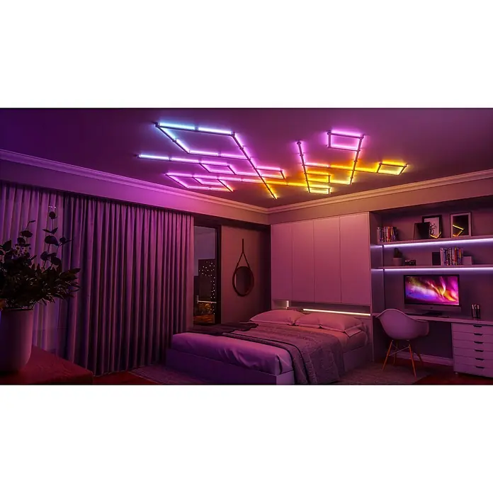 Nanoleaf Erweiterungskit Lines 60 Degrees 3 Lines - 3 Stk., Weiß, RGBW - Das Bild zeigt ein Schlafzimmer mit einer auffälligen, bunten LED-Deckenleuchte, die eine moderne und lebhafte Atmosphäre schafft.