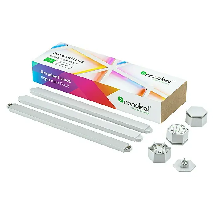 Nanoleaf Erweiterungskit Lines 60 Degrees 3 Lines - 3 Stk., Weiß, RGBW - Produktfoto eines Nanoleaf Lines Erweiterungspacks mit drei Lichtleisten und verschiedenen Verbindungselementen, verpackt in einer bunten Schachtel.