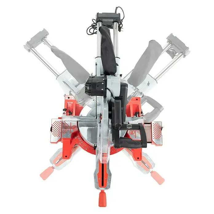 Holzmann Kapp- & Gehrungssäge - 1.900 W, Durchmesser Sägeblatt: 305 mm, Leerlaufdrehzahl: 3.800 U/min - Eine Kapp- und Gehrungssäge in verschiedenen Positionen, die Vielseitigkeit bei Holzarbeiten und Heimwerkerprojekten demonstriert.