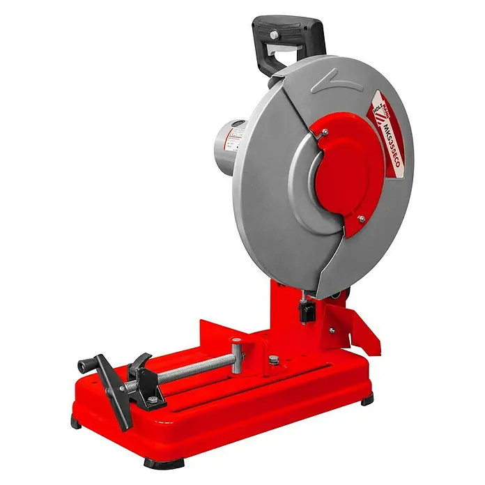 Holzmann Handkreissäge MKS355 ECO - Durchmesser Sägeblatt: 355 mm - Abgebildete Metallsäge MKS355ECO mit robustem, rotem Sockel und grauem Sägeblatt, ideal für präzise Schnitte in Metallwerkstücken.
