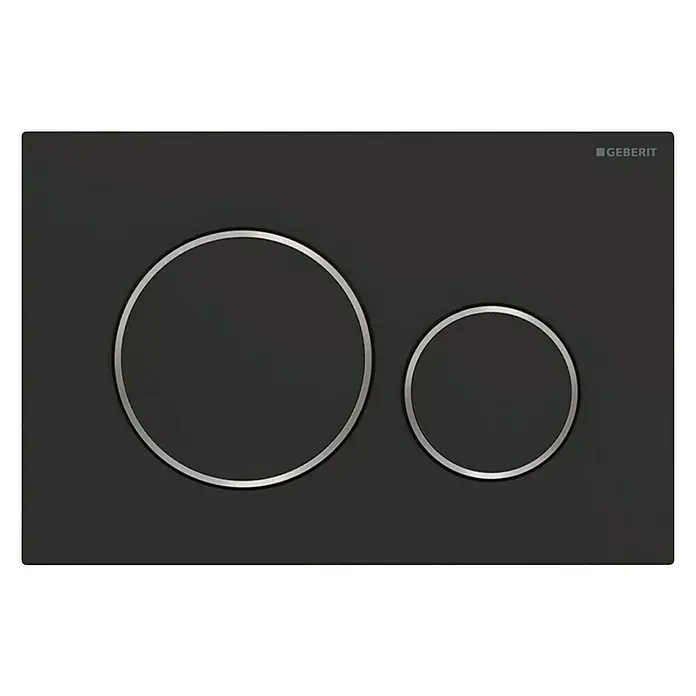 RAK Ceramics Feeling Wand-WC-Set - Komplettset, Spülrandlos, Ohne Spezialglasur, Spülform: Tief, WC Abgang: Waagerecht, Schwarz - Schwarze Geberit Betätigungsplatte mit zwei runden Tasten zur Spülung.