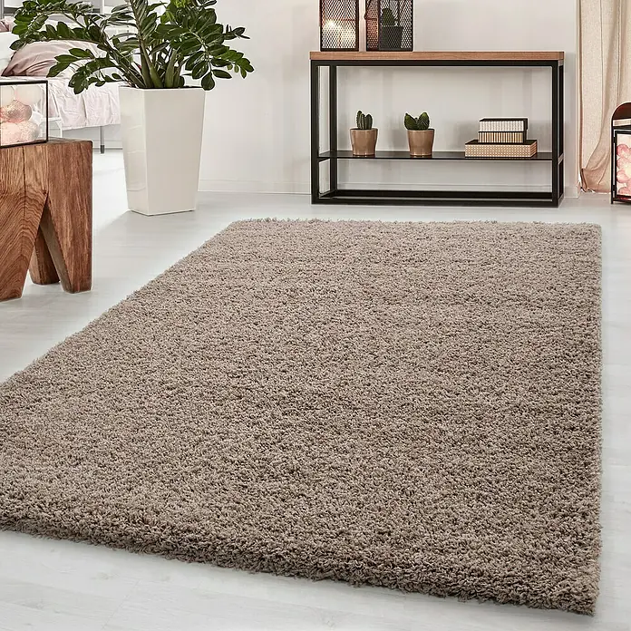 Hochflorteppich Dream 4000 - Beige, 170 x 120 cm, 100 % Polypropylen - Ein weicher, beigefarbener Shaggy-Teppich liegt auf einem hellen Holzboden, umgeben von Zimmerpflanzen und modernen Möbeln.