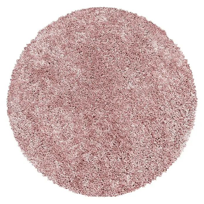 Hochflorteppich Sydney 3000 - Rose, Durchmesser: 120 cm, 100% Polypropylen - Nahaufnahme eines runden, rosa Shaggy-Teppichs. Seine Textur ist weich und flauschig, ideal für Wohnräume.