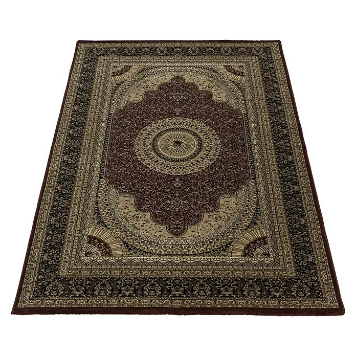 Kurzflorteppich Kashmir 2605Rot, 150 x 80 cm, 100 % Polypropylen - Ein gemusterter Teppich mit einem schönen Medaillon in der Mitte auf schwarzem Hintergrund.