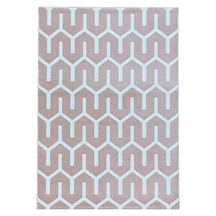 Kurzflorteppich Costa 3524 - Pink, 290 x 200 cm, 100 % Polypropylen - Dieser rechteckige Teppich zeigt ein modernes, sich wiederholendes geometrisches Muster in Rosa und Weiß, ideal für zeitgenössische Wohnräume.