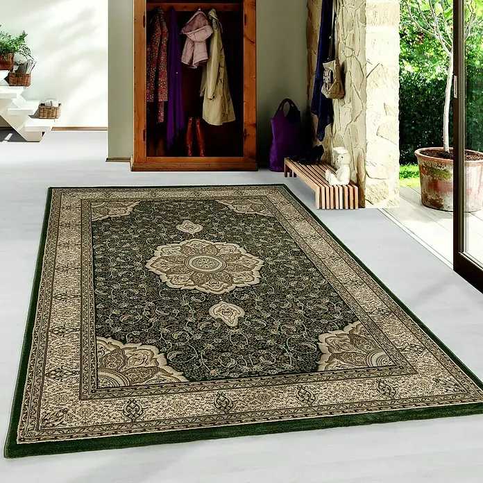 Kurzflorteppich Kashmir 2601 - Grün, 230 x 160 cm, 100 % Polypropylen - Elegante grüne Teppich mit floralen Mustern. Ein Hingucker für jeden Raum.