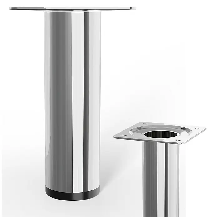 MöbelfußØ x H: 3 x 10 cm, Stahl, Chrom - Zwei glänzende Metalltischbeine mit quadratischen Montageplatten, ideal für moderne Möbeldesigns.