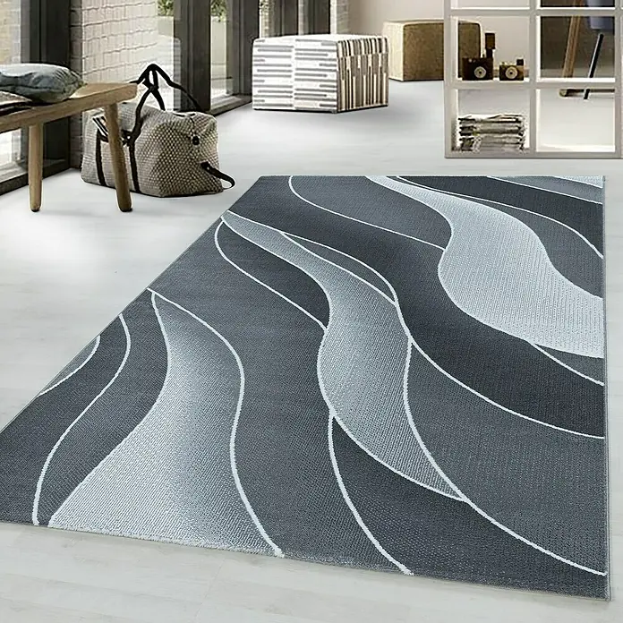 Kurzflorteppich Costa 3523Grau, 290 x 200 cm, 100 % Polypropylen - Moderner grauer Teppich mit abstraktem Muster und weißen Akzenten für stilvolle Wohnräume.