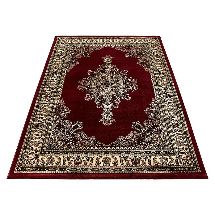 Kurzflorteppich Orient-Optik Marrakesh 0297 - Rot, 290 x 200 cm, 100% Polypropylen - Elegante Nahaufnahme eines roten Perserteppichs mit einem detailreichen, floralen Muster und Bordüren, der Wärme und Tradition ausstrahlt.