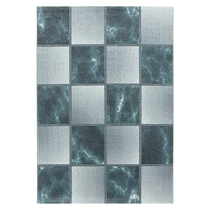 Kurzflorteppich Ottawa 4201 - Blau, 200 x 140 cm, 100% Polypropylen - Schachbrettmuster mit türkisfarbenem Marmor und silbernen Quadraten für Wand- oder Bodendesign.