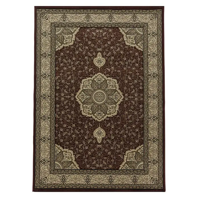 Kurzflorteppich Kashmir 2601Rot, 150 x 80 cm, 100% Polypropylen - Detailaufnahme eines dekorativen Teppichs mit floralen Mustern und Bordüren in warmen Rot- und Beigetönen.