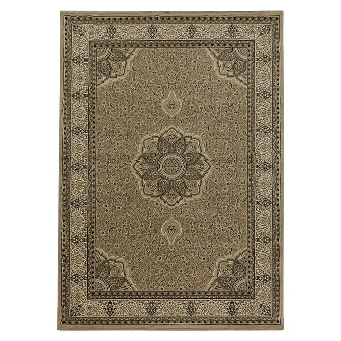 Kurzflorteppich Kashmir 2601Beige, 150 x 80 cm, 100% Polypropylen - Elegante Teppichgestaltung mit floralen Ornamenten und detaillierten Bordüren für ein stilvolles Ambiente.