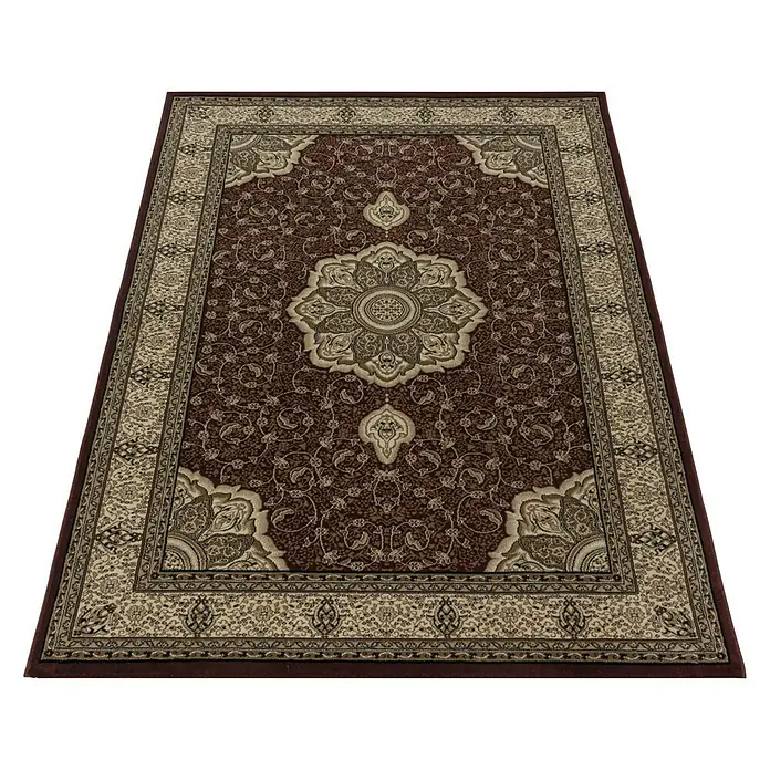 Kurzflorteppich Kashmir 2601Rot, 150 x 80 cm, 100% Polypropylen - Ein detailreicher, rechteckiger Orientteppich in warmen Rot- und Beigetönen mit einem floralen Medaillonmuster im Zentrum.