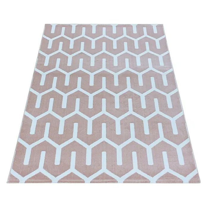 Kurzflorteppich Costa 3524 - Pink, 290 x 200 cm, 100 % Polypropylen - Ein rechteckiger Teppich mit einem geometrischen Muster in Rosa- und Weißtönen, ideal für moderne Wohnräume.