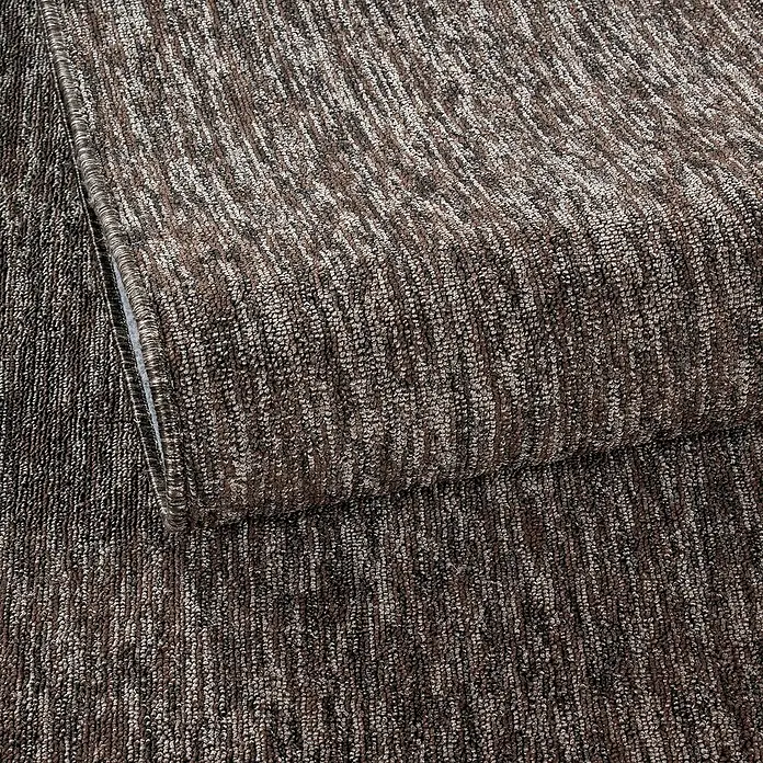 Flachgewebeteppich Nizza 1800Braun, 370 x 280 cm, 100% Polypropylen - Nahaufnahme eines braun gestreiften Teppichs mit aufgerollter Kante, der eine interessante Textur und ein Muster zeigt.