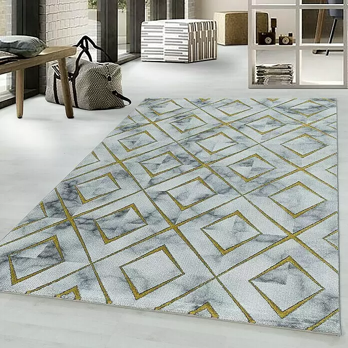 Kurzflorteppich Naxos 3811 - Gold, 200 x 140 cm, 80% Polypropylen, 20% Polyester - Moderner grau-weißer Teppich mit goldenem geometrischem Marmormuster.