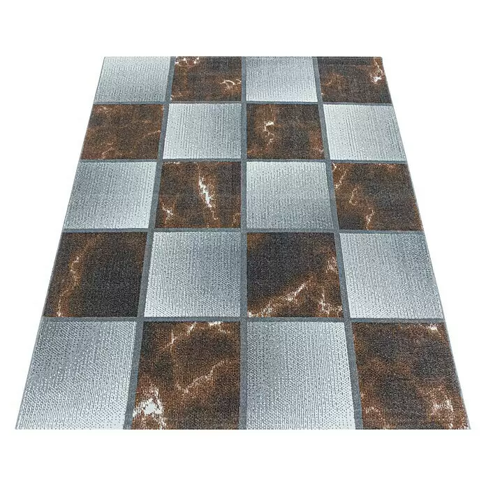 Kurzflorteppich Ottawa 4201 - Kupfer, 200 x 140 cm, 100% Polypropylen - Karierter Teppich mit abwechselnd hellgrauen und braunen Quadraten, getrennt durch graue Linien.