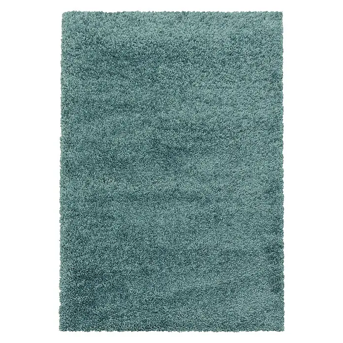 Hochflorteppich Sydney 3000Aqua, 170 x 120 cm, 100 % Polypropylen - Nahaufnahme eines rechteckigen, türkisfarbenen Hochflorteppichs mit weicher Textur, ideal für Wohnräume.