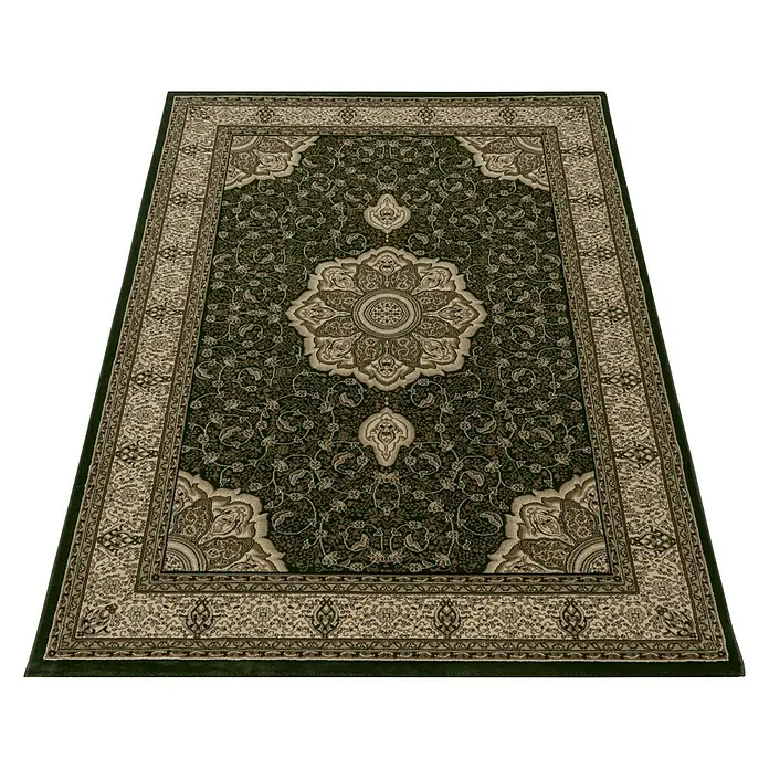 Kurzflorteppich Kashmir 2601Grün, 290 x 200 cm, 100% Polypropylen - Ein rechteckiger, grüner Teppich mit einem beigen Ornament in der Mitte und einem verzierten Rand.