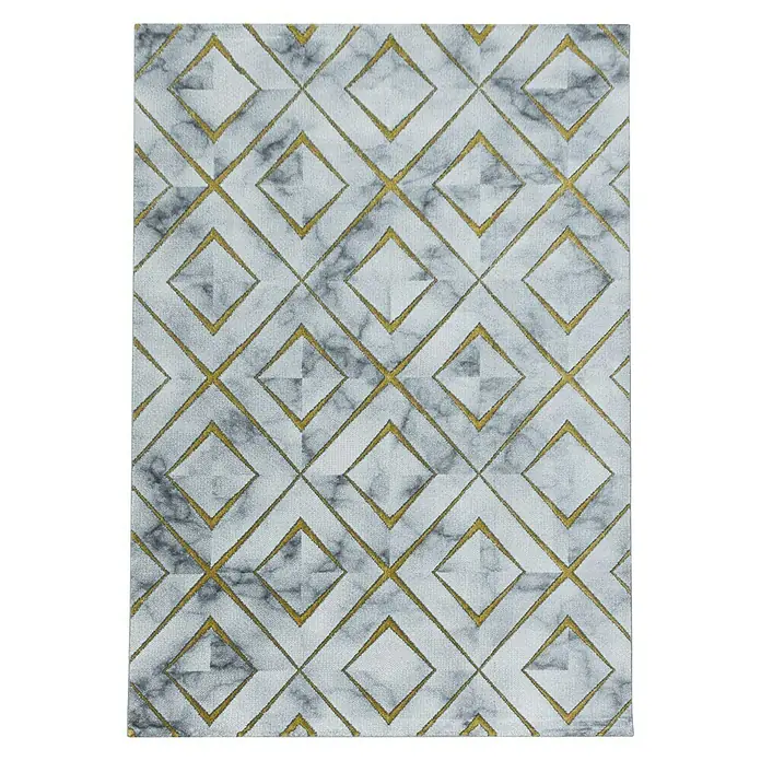 Kurzflorteppich Naxos 3811 - Gold, 200 x 140 cm, 80% Polypropylen, 20% Polyester - Ein rechteckiger Teppich mit Marmormuster und goldenen Rauten für einen modernen Akzent.