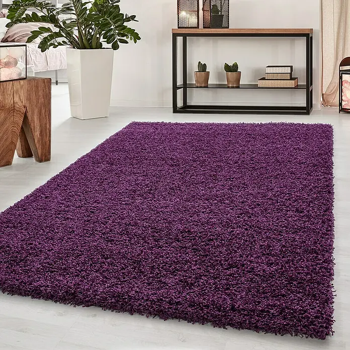 Hochflorteppich Dream 4000Lila, 290 x 200 cm, 100 % Polypropylen - Ein hochfloriger, violetter Teppich liegt auf einem hellen Holzboden und verleiht dem Raum Wärme und Textur. Dekorative Elemente im Hintergrund ergänzen das Ambiente.