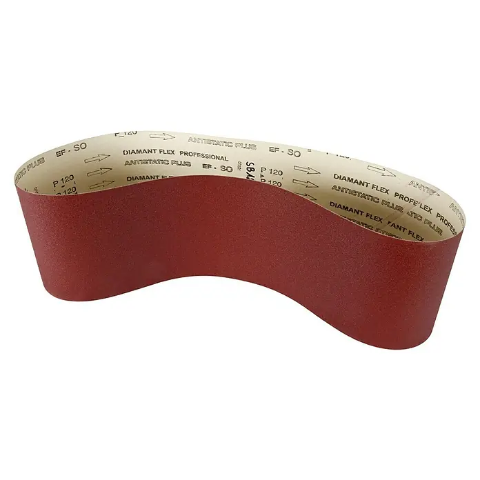 Holzmann Schleifband - L x B: 1.220 x 150 mm, Körnung: 120, 1 Stk. - Nahaufnahme eines Schleifbandes der Körnung P120 mit der Aufschrift "Diamant Flex Professional Antistatic Plus EF-SO".