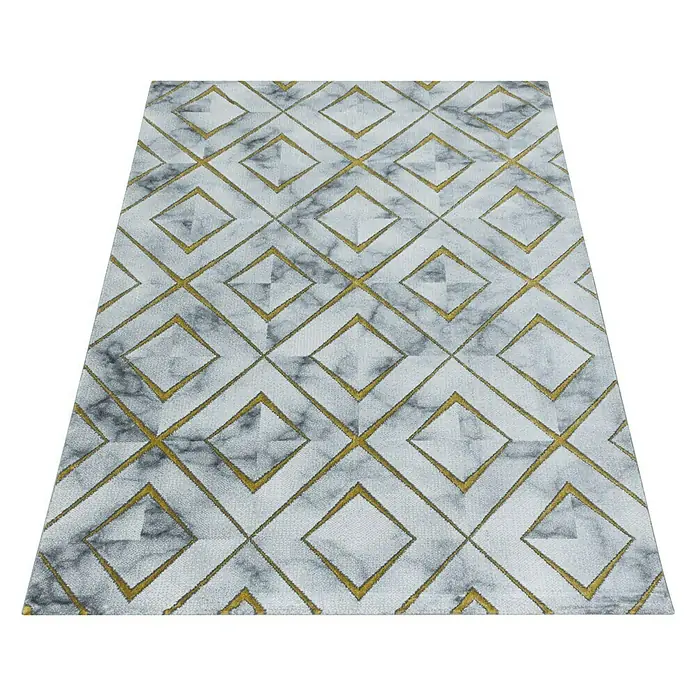 Kurzflorteppich Naxos 3811 - Gold, 200 x 140 cm, 80% Polypropylen, 20% Polyester - Moderner Teppich mit geometrischem Diamantenmuster in Grau, Weiß und Gold für eine stilvolle Wohnraumgestaltung.