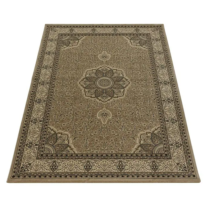 Kurzflorteppich Kashmir 2601Beige, 150 x 80 cm, 100% Polypropylen - Ein beigefarbener Teppich mit einem kunstvollen, floralen Muster und einer dekorativen Bordüre, der Wärme und Eleganz ausstrahlt.