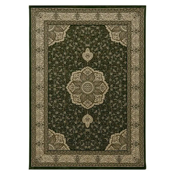 Kurzflorteppich Kashmir 2601 - Grün, 230 x 160 cm, 100 % Polypropylen - Ein detailreicher grüner Teppich mit einem floralen Muster und beigefarbenen Bordüren, der Eleganz und Stil in jeden Raum bringt.