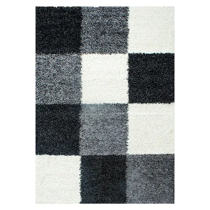 Hochflorteppich Life 1501 - Schwarz, 290 x 200 cm, 100% Polypropylen - Nahaufnahme eines Schachbrett-Teppichs in Schwarz, Grau und Weiß, der ein modernes und stilvolles Designelement für jeden Raum bietet.