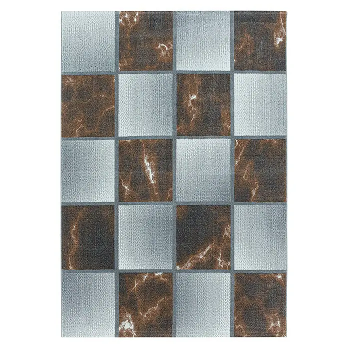 Kurzflorteppich Ottawa 4201 - Kupfer, 200 x 140 cm, 100% Polypropylen - Nahaufnahme eines quadratischen Musters mit abwechselnden braunen und silbernen Kacheln, die ein stilvolles Produktmuster zeigen.