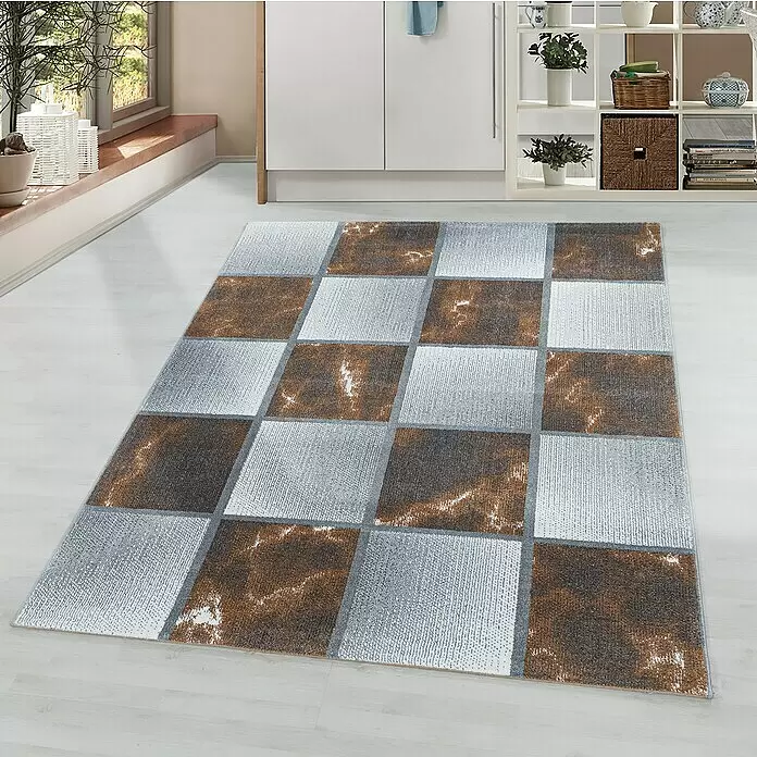 Kurzflorteppich Ottawa 4201 - Kupfer, 200 x 140 cm, 100% Polypropylen - Geometrischer karierter Teppich mit grauen, weißen und marmorierten braunen Quadraten als stilvoller Akzent für einen Raum.