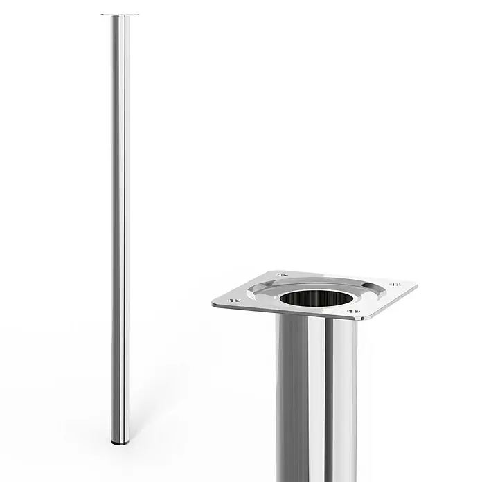 Walteco Möbelfuß - Ø x H: 3 x 70 cm, Stahl, Chrom - Abbildung eines verchromten Tischbeins mit einer quadratischen Montageplatte. Das Tischbein ist schlank und hat ein modernes Design.